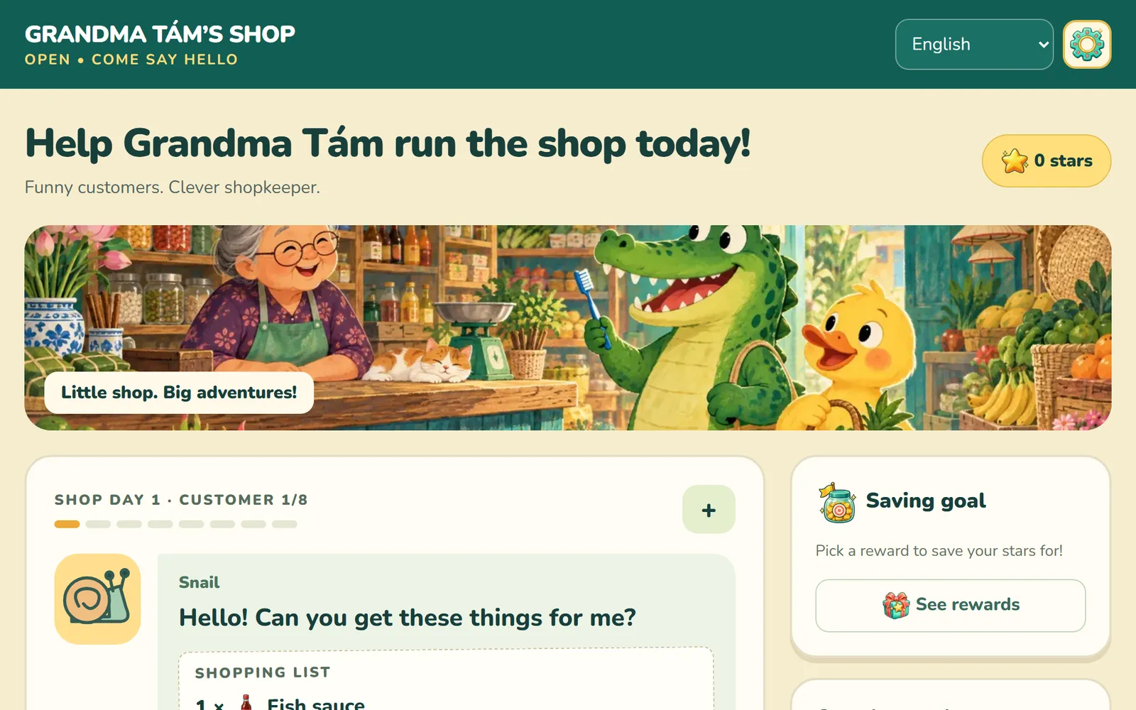 Grandma Tám's Shop: an illustrated grandmother behind a shop counter with a cat, a crocodile holding a toothbrush and a duck, above the first customer of the day asking for the items on their shopping list.