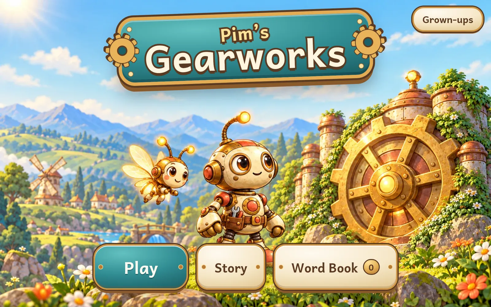 Pim's Gearworks title screen: a small brass robot and a robot bee in front of a giant golden gear set into a hillside, with Play, Story and Word Book buttons.