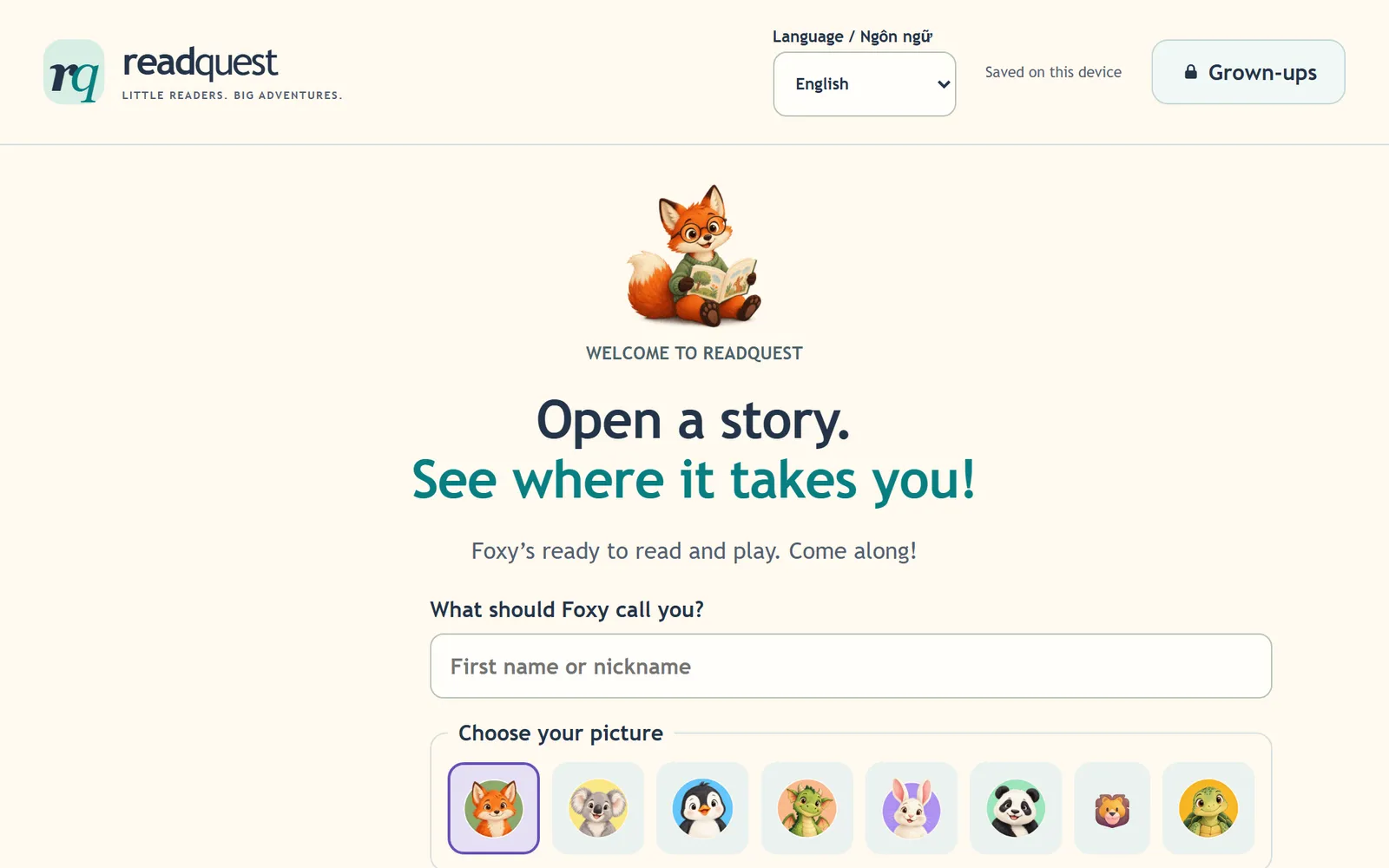 ReadQuest's welcome screen: a cartoon fox reading a book above the line “Open a story. See where it takes you!”, with a box for a first name and a row of animal pictures to choose from.